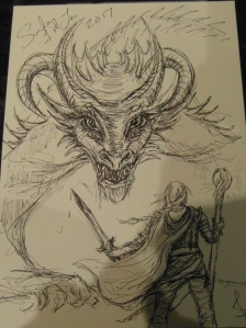 Dragon and warrior sketch by Sophie E Tallis